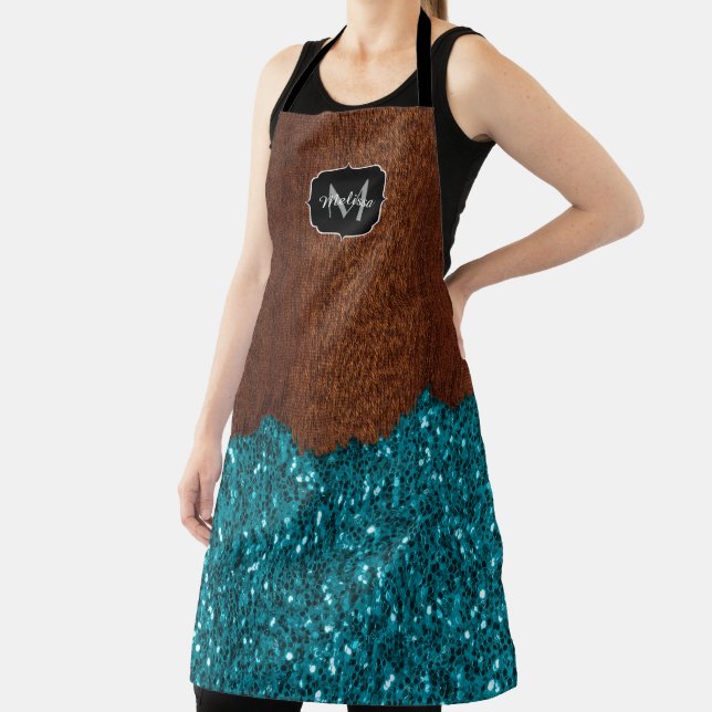Aqua blue sparkles glitter rustic wood Monogram Apron (Insitu)