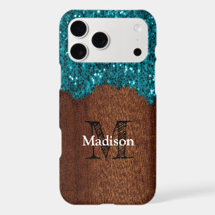 Aqua blue sparkles rustic brown wood Monogram