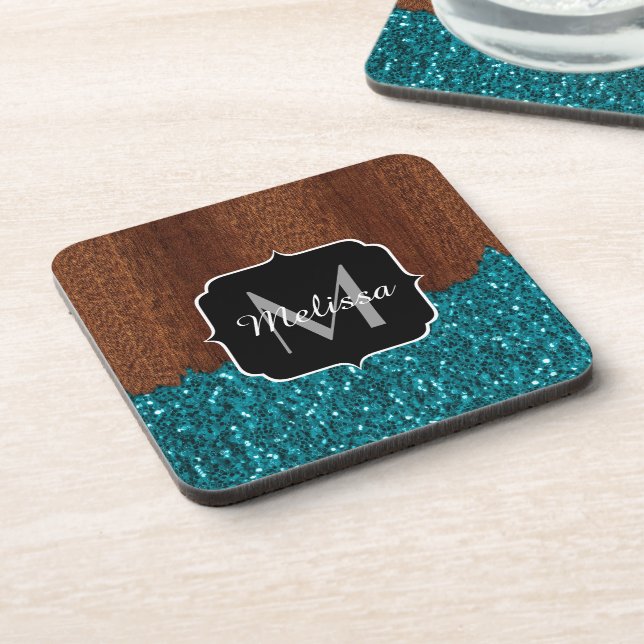 Aqua blue sparkles rustic brown wood Monogram Coaster (Left Side)
