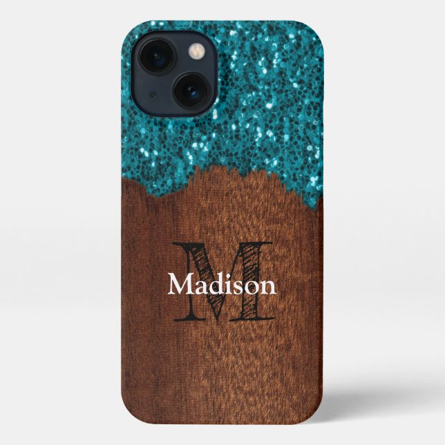 Aqua blue sparkles rustic brown wood Monogram iPhone Case (Back)