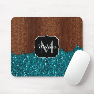 Aqua blue sparkles rustic brown wood Monogram Mouse Pad