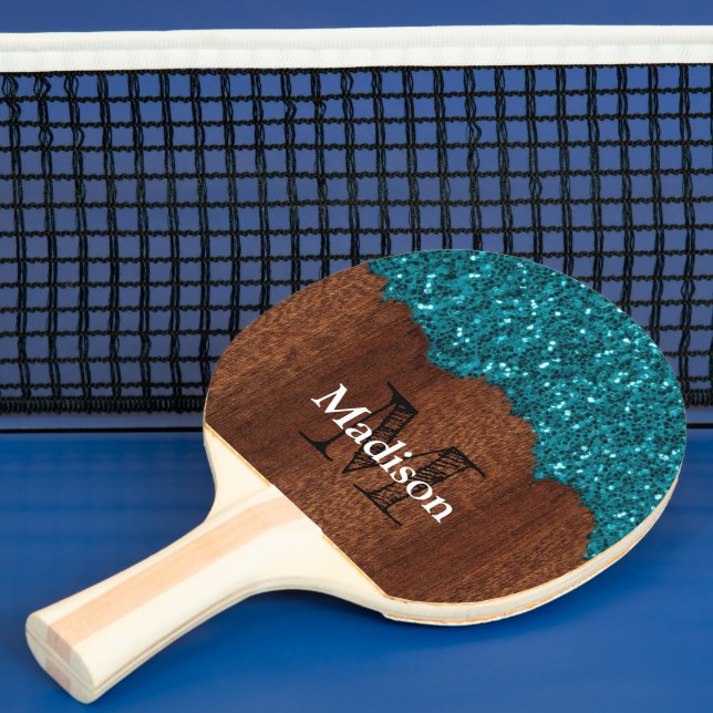 Aqua blue sparkles rustic brown wood Monogram Ping Pong Paddle (Insitu)