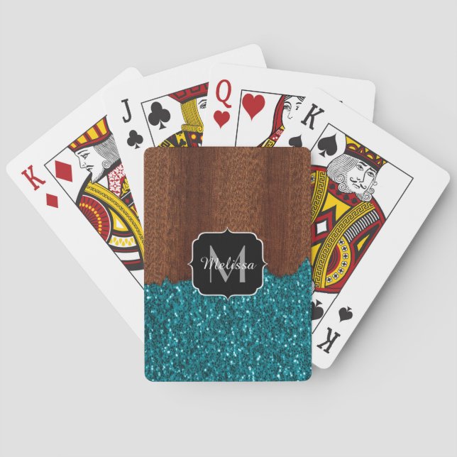 Aqua blue sparkles rustic brown wood Monogram Playing Cards (Back)