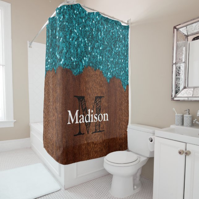 Aqua blue sparkles rustic brown wood Monogram Shower Curtain (In Situ)