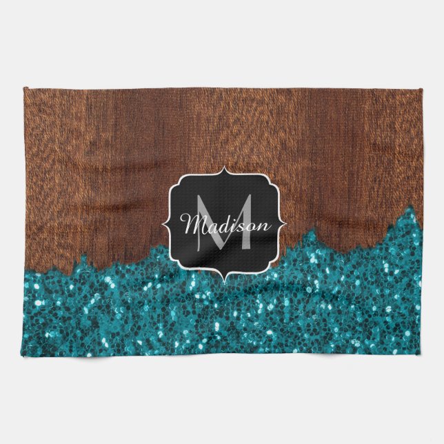 Aqua blue sparkles rustic brown wood Monogram Tea Towel (Horizontal)