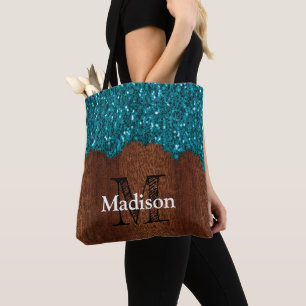 Aqua blue sparkles rustic brown wood Monogram Tote Bag