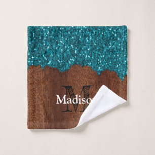 Aqua blue sparkles rustic brown wood Monogram Wash Cloth