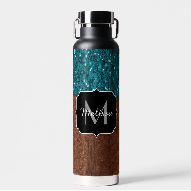 Aqua blue sparkles rustic brown wood Monogram Water Bottle (Front)