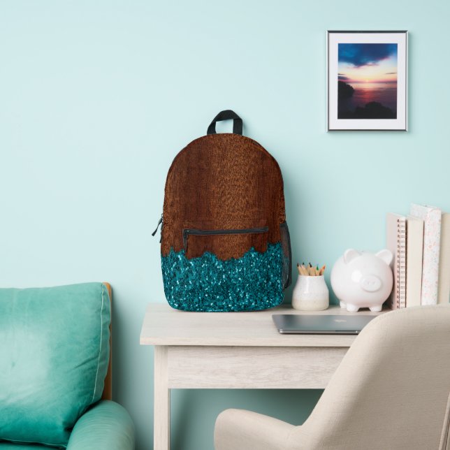 Aqua blue sparkles rustic brown wood printed backpack (Insitu)
