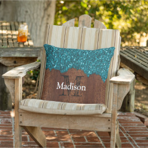 Aqua blue sparkles rustic wood Monogram PLdesign Cushion