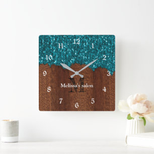 Aqua blue sparkles rustic wood Salon Monogram Square Wall Clock