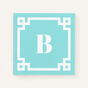 Aqua Blue Square Greek Key Border Monogram Notebook