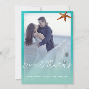 Aqua blue starfish beach wedding thank you photo