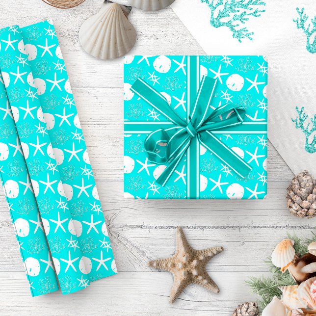 Aqua Blue Starfish Coastal Christmas Wrapping Paper (Creator Uploaded)