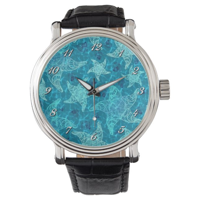 Aqua Blue Starfish Pattern Wrist Watch (Front)