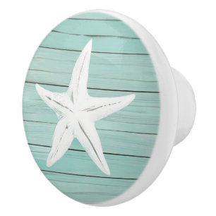 Aqua Blue Starfish Sea Star Faux Wood Drawer knob