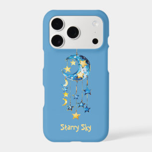 Aqua Blue Starry Sky Yellow Stars Moons