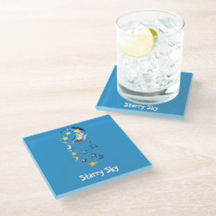 Aqua Blue Starry Sky Yellow Stars Moons Glass Coaster