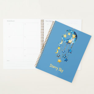 Aqua Blue Starry Sky Yellow Stars Moons Planner