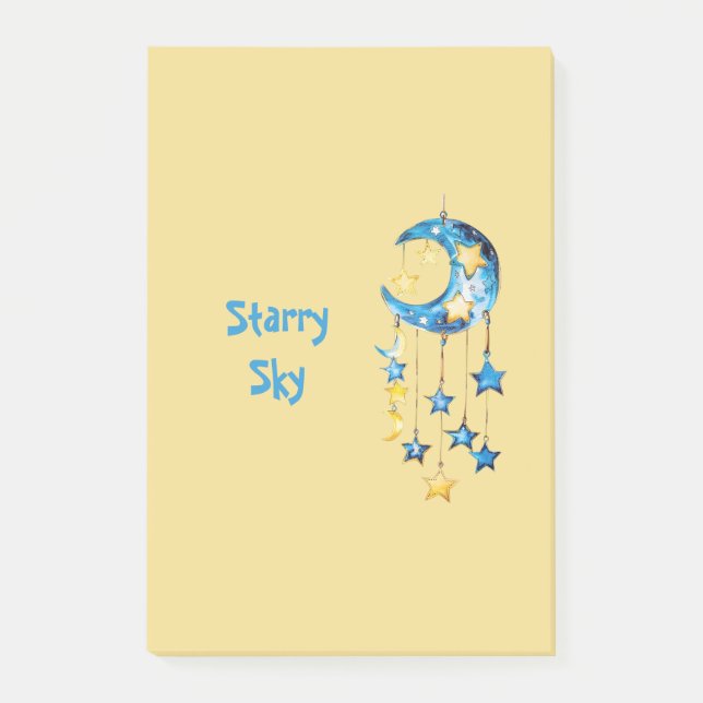 Aqua Blue Starry Sky Yellow Stars Moons Post-it Notes (Front)