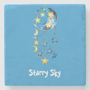 Aqua Blue Starry Sky Yellow Stars Moons Stone Coaster