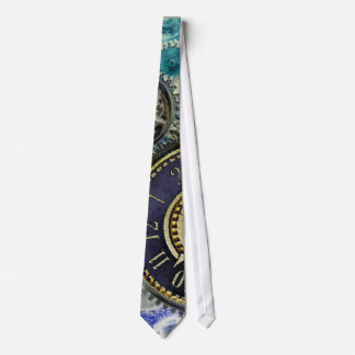 Aqua, Blue steampunk print tie, gears, cogs, clock Tie