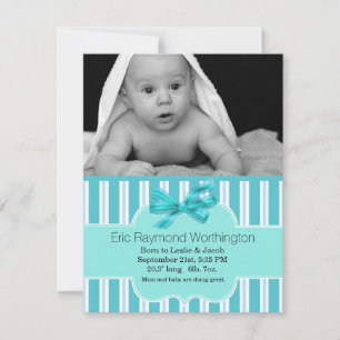 Aqua Blue Stripe Baby Boy Photo Birth Announcement