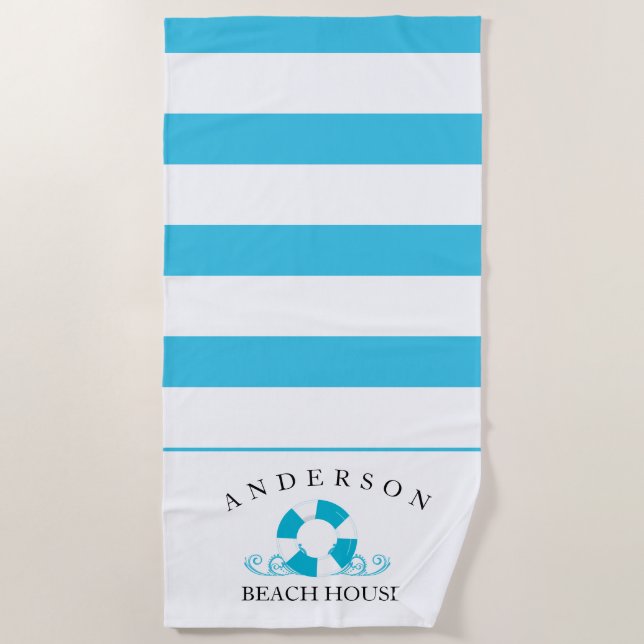Aqua Blue Stripe Personalised Beach House Towel (Front)
