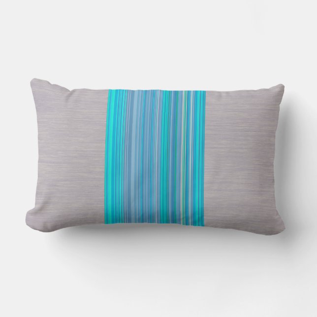 Aqua Blue Striped Pattern on Silver Grey Lumbar Cushion (Front)