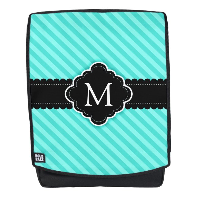 Aqua Blue Stripes Pattern Black Custom Monogram Backpack (Front)