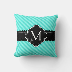 Aqua Blue Stripes Pattern Black Custom Monogram Cushion