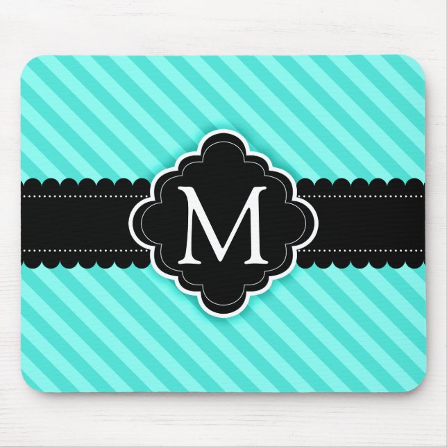 Aqua Blue Stripes Pattern Black Custom Monogram Mouse Pad (Front)
