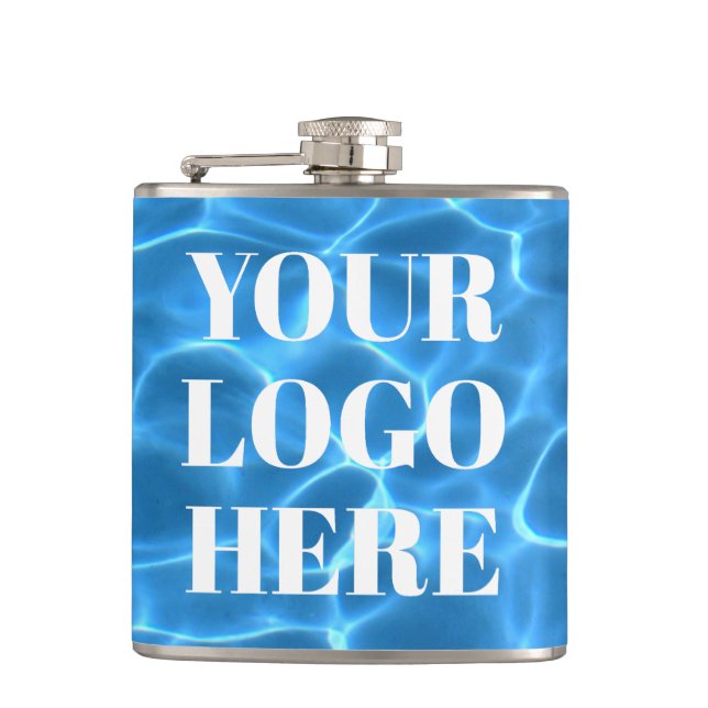 Aqua Blue Swimming Pool Photo Logo Hip Flask (Front)