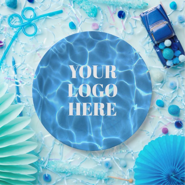 Aqua Blue Swimming Pool Photo Logo Paper Plate (Party)