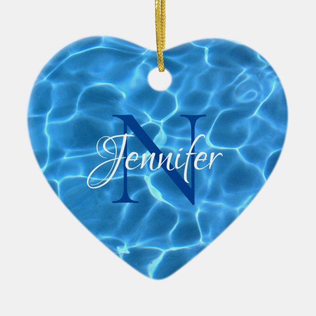Aqua Blue Swimming Pool Photo Monogram Ceramic Ornament (Front)