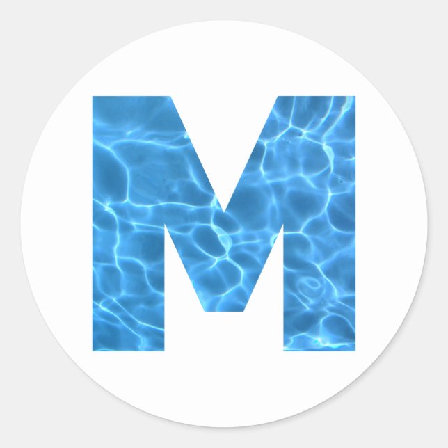 Aqua Blue Swimming Pool Photo Monogram M Classic Round Sticker (Front)
