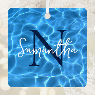 Aqua Blue Swimming Pool Photo Monogrammed Metal Tree Decoration