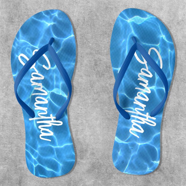 Aqua Blue Swimming Pool Photo Personalised Thongs (Personalized Swimming Pool Water Flip Flops for Her)