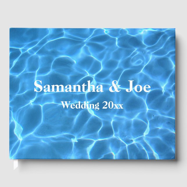 Aqua Blue Swimming Pool Photo Personalised Wedding Guest Book (Front)