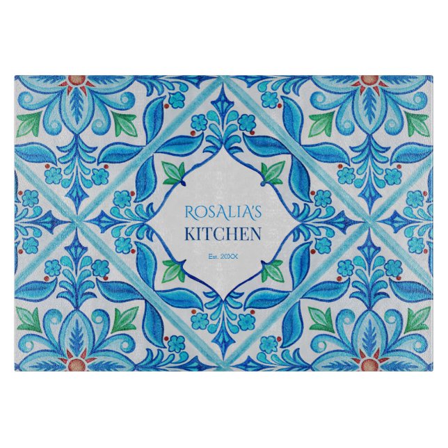 Aqua Blue Talavera gifts monogrammed customised Cutting Board (Front)