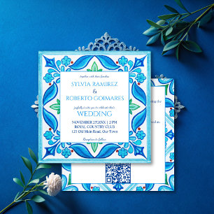 Aqua Blue Talavera tiles all in one wedding Invitation