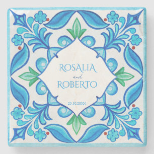Aqua Blue Talavera tiles monogrammed wedding favou Stone Coaster