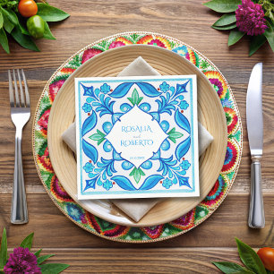 Aqua Blue Talavera tiles monogrammed wedding Napkin