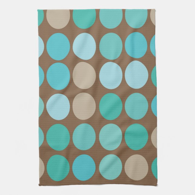 Aqua Blue Teal & Brown Dots Modern Pattern Tea Towel (Vertical)
