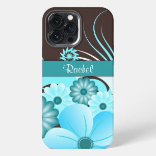 Aqua Blue Teal & Chocolate Brown Hibiscus Floral iPhone 13 Pro Max Case