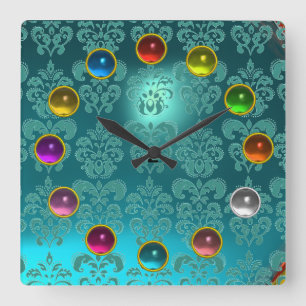 AQUA BLUE TEAL DAMASK AND COLORFUL 3D GEM STONES SQUARE WALL CLOCK