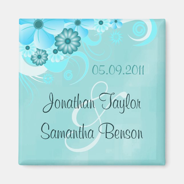 Aqua Blue Teal Floral Save The Date Fridge Magnets (Front)