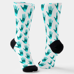 Aqua Blue Teal Fun Hand Pattern Socks