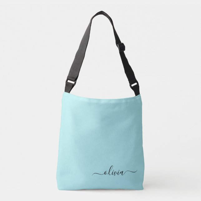 Aqua Blue Teal Girly Script Monogram Name Modern Crossbody Bag (Front)