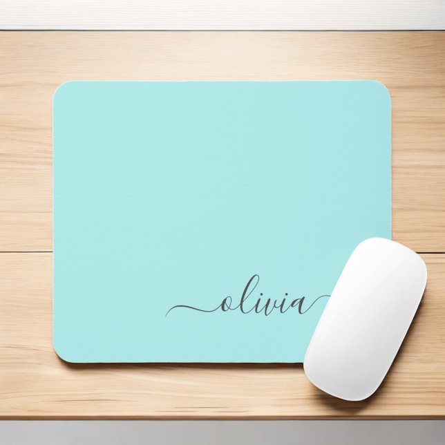 Aqua Blue Teal Girly Script Monogram Name Modern Mouse Pad (Creator Uploaded)